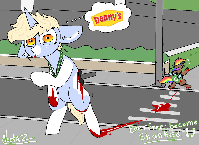 Size: 1340x980 | Tagged: semi-grimdark, artist:nootaz, derpibooru import, oc, oc:nootaz, pony, unicorn, bipedal, blood, clothes, cosplay, costume, everfree northwest, inside joke, knife, noot abuse, rainbow hair, socks (coat marking), stabbed