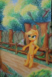 Size: 1828x2736 | Tagged: safe, artist:ironbeastz, derpibooru import, applejack, pony, bipedal, bipedal leaning, blonde, fence, hatless, leaning, missing accessory, traditional art, tree