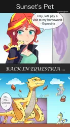 Size: 600x1088 | Tagged: safe, artist:tzc, derpibooru import, derpy hooves, ray, sunset shimmer, dragon, leopard gecko, pegasus, pony, unicorn, wyvern, equestria girls, clothes, comic, dragonified, jacket, leather jacket, portal, royal guard, single page comic, species swap, speech bubble, text