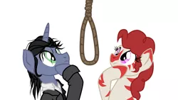 Size: 2000x1125 | Tagged: semi-grimdark, artist:aaronmk, derpibooru import, oc, oc:rampage, pony, unicorn, fallout equestria, fallout equestria: project horizons, clothes, contemplating, emoji, fanfic art, female, implied hanging, mare, noose, philipp mainländer, rope, thinking, thinking emoji