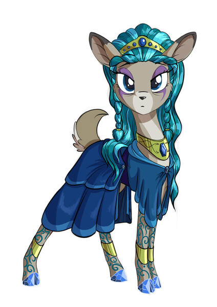 Size: 771x1091 | Tagged: artist:sirzi, bracer, calm, cloak, clothes, deer, deer oc, derpibooru import, doe, eyeshadow, looking at you, makeup, oc, oc:thane mind, original species, peytral, safe, sapphire, solo, tiara, unofficial characters only, vitrung