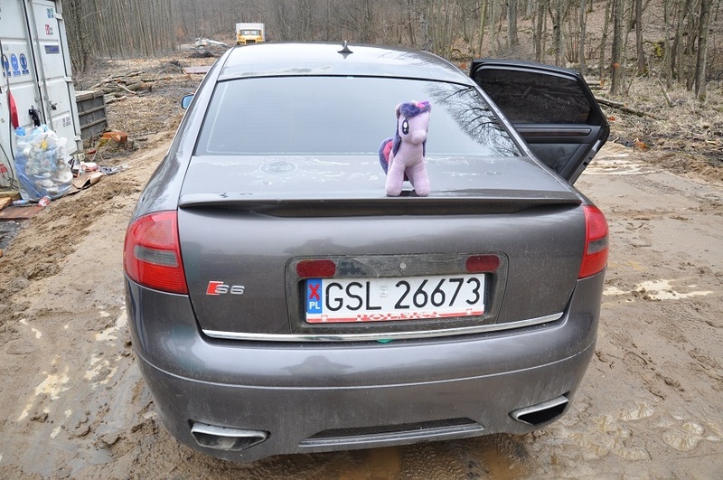 Size: 858x570 | Tagged: audi, car, derpibooru import, irl, mud, photo, plushie, safe, twilight sparkle