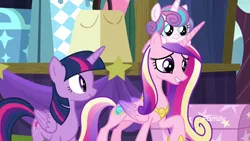 Size: 1920x1080 | Tagged: safe, derpibooru import, screencap, princess cadance, princess flurry heart, twilight sparkle, twilight sparkle (alicorn), alicorn, pony, road to friendship, baby, baby pony, discovery family logo, female, mare, pony hat, smiling, stage