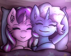 Size: 833x664 | Tagged: safe, artist:deraniel, derpibooru import, starlight glimmer, trixie, pony, unicorn, bed, best friends, cute, eyes closed, female, happy, mare, pillow, sleeping, sleepover, smiling
