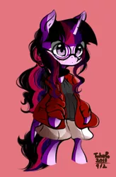 Size: 958x1460 | Tagged: safe, artist:tohupo, derpibooru import, sci-twi, twilight sparkle, twilight sparkle (alicorn), alicorn, pony, bipedal, clothes, cute, female, glasses, jacket, mare, pink background, shorts, simple background, solo, twiabetes