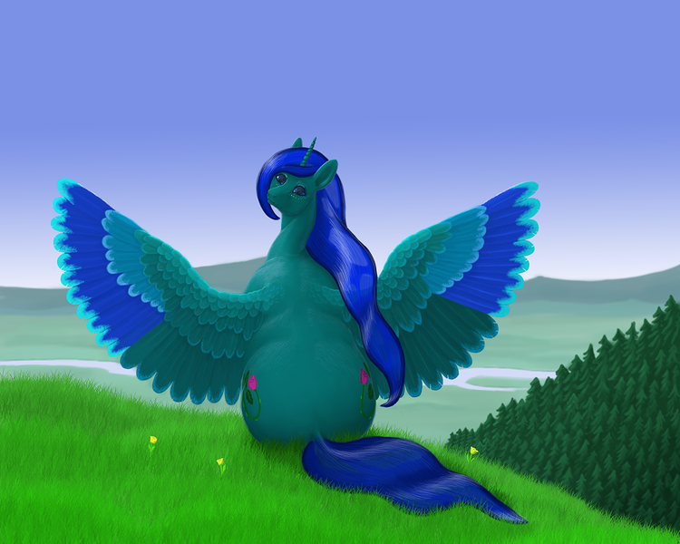 Size: 1250x1000 | Tagged: alicorn, alicorn oc, artist:soobel, chubby, derpibooru import, fat, obese, oc, oc:dusklight blossom, safe, spread wings, wings