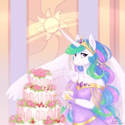 Size: 1125x1125 | Tagged: alicorn, anthro, artist:ladychimaera, breasts, cake, cakelestia, clothes, crown, derpibooru import, devious, dress, female, fingerless gloves, food, gloves, jewelry, looking at you, mare, princess celestia, regalia, safe, shhh, smiling, solo, spoon, this will end in weight gain