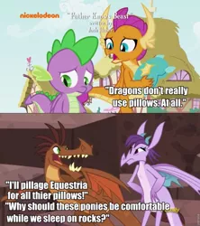 Size: 853x960 | Tagged: barry, derpibooru import, discovery family logo, dragon, edit, father knows beast, gauntlet of fire, image macro, meme, misspelling, nickelodeon, prominence, safe, screencap, smolder, spike, winged spike