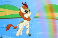 Size: 1348x872 | Tagged: a kirin tale, artist:smartcookiepone, autumn blaze, derpibooru import, female, kirin, rainbow, reprise, safe, scene interpretation, smiling, solo, sounds of silence, sprinkler, water