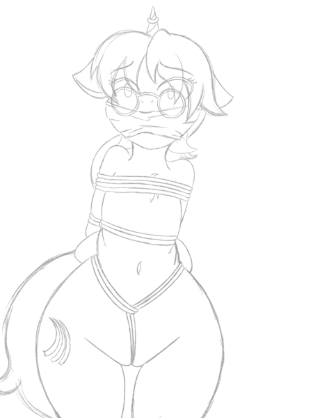 Size: 3000x4000 | Tagged: arm behind back, artist:ryuseihikari, belly button, bondage, chest fluff, cleave gag, cloth gag, crotch rope, derpibooru import, floppy ears, gag, glasses, horn ring, magic suppression, oc, oc:corvinia, questionable, sketch, unofficial characters only