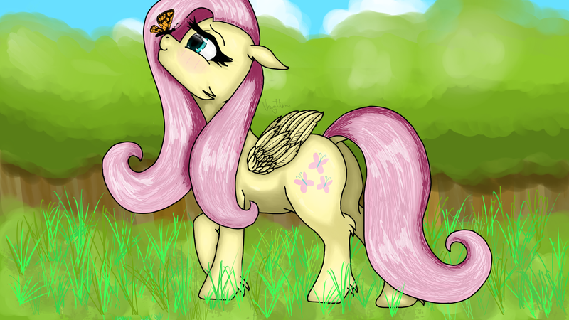 Size: 1920x1080 | Tagged: safe, artist:usattesa, derpibooru import, fluttershy, butterfly, pegasus, pony, cute, female, forest, mare, paint tool sai, shyabetes, solo, tree