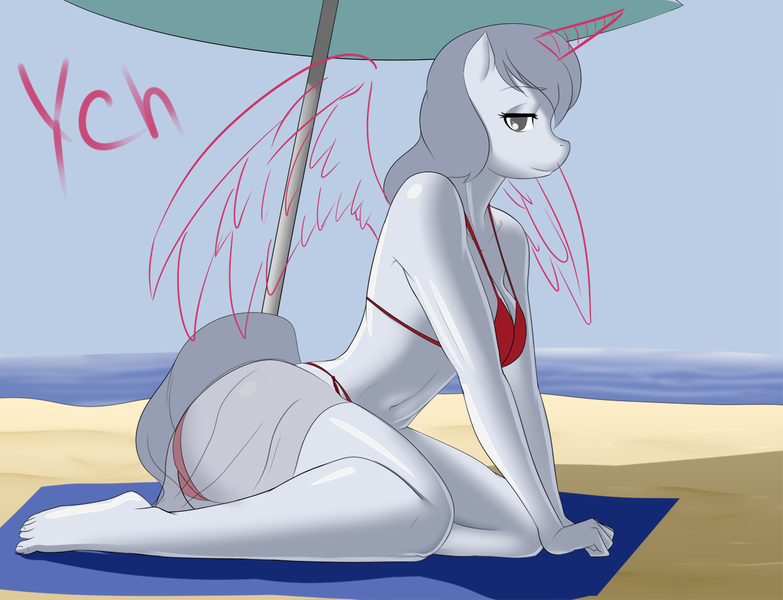 Size: 1280x981 | Tagged: advertisement, anthro, anthro oc, artist:crocodilchik, auction, beach, belly button, bikini, breasts, clothes, commission, derpibooru import, digital art, female, mare, oc, safe, solo, swimsuit, umbrella, underwear, unofficial characters only, ych example, your character here