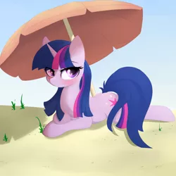 Size: 1024x1024 | Tagged: safe, artist:posionjoke, derpibooru import, twilight sparkle, pony, unicorn, beach, beach umbrella, female, mare, prone, solo, unicorn twilight