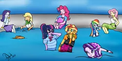Size: 1200x606 | Tagged: safe, artist:bandijones, derpibooru import, applejack, fluttershy, pinkie pie, rainbow dash, rarity, sci-twi, starlight glimmer, sunset shimmer, twilight sparkle, equestria girls, clothes, commission, fully clothed, funny, glasses, hat, party, smiling, swimming, swimming pool, water, wet