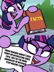 Size: 760x1015 | Tagged: safe, artist:quarium edits, derpibooru import, twilight sparkle, twilight sparkle (alicorn), alicorn, pony, book, ed edd n eddy, exploitable meme, facts, female, hypocritical humor, image macro, mare, meme, solo, text, twilight's fact book