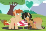 Size: 2064x1412 | Tagged: safe, artist:silvia-the-vixen, artist:theponygaming, derpibooru import, oc, oc:silvia paw, unofficial characters only, fox pony, pegasus, pony, balloon, base used, female, male, mare, picnic blanket, stallion, tree