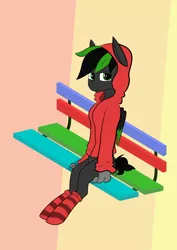 Size: 1024x1448 | Tagged: safe, artist:bitrate16, derpibooru import, oc, oc:eytlin, unofficial characters only, pegasus, pony, bench, clothes, dress, female, hoodie, mare, paws, sitting, socks, solo, striped socks, vector