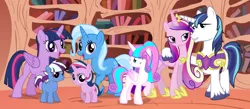 Size: 1004x436 | Tagged: safe, artist:themexicanpunisher, derpibooru import, princess cadance, princess flurry heart, shining armor, trixie, twilight sparkle, twilight sparkle (alicorn), oc, oc:aurora, oc:nebula, alicorn, tumblr:ask twixie, ask, colt, family, family photo, female, filly, golden oaks library, lesbian, magical lesbian spawn, male, missing horn, offspring, older, older flurry heart, parent:trixie, parent:twilight sparkle, parents:twixie, shiningcadance, shipping, straight, tumblr, twixie