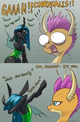 Size: 1200x1833 | Tagged: safe, artist:underpable, derpibooru import, ocellus, queen chrysalis, smolder, changeling, changeling queen, dragon, what lies beneath, :t, bipedal, blush sticker, blushing, cheek squish, comic, cute, cute bug noises, cutealis, dab, dank, descriptive noise, dialogue, diaocelles, disguise, disguised changeling, exclamation point, eye bulging, female, frown, funny, gray background, interrobang, lidded eyes, question mark, raised hoof, rubbing, sad, scene interpretation, screaming, sharp teeth, shivering, shocked, simple background, sitting, smiling, squishy cheeks, surprised, teary eyes, teeth, text, tongue out, wide eyes, wild take