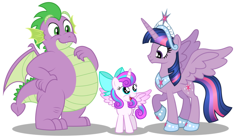 Size: 6393x3767 | Tagged: safe, artist:aleximusprime, derpibooru import, princess flurry heart, spike, twilight sparkle, twilight sparkle (alicorn), alicorn, dragon, pony, flurry heart's story, adult, adult spike, big crown thingy, bow, chubby, cute, fat spike, female, filly, filly flurry heart, future, future spike, jewelry, older, older spike, older twilight, plump, regalia, simple background, tiara, transparent background, trio, vector, winged spike