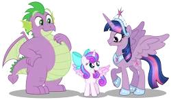 Size: 6393x3767 | Tagged: safe, artist:aleximusprime, derpibooru import, princess flurry heart, spike, twilight sparkle, twilight sparkle (alicorn), alicorn, dragon, pony, flurry heart's story, adult, adult spike, big crown thingy, bow, chubby, cute, fat spike, female, filly, filly flurry heart, future, future spike, jewelry, older, older spike, older twilight, plump, regalia, simple background, tiara, transparent background, trio, vector, winged spike