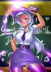 Size: 643x900 | Tagged: a matter of principals, artist:draltruist, breasts, busty trixie, clothes, derpibooru import, female, hat, human, humanized, magic, professor, safe, socks, solo, teacher, thigh highs, trixie, trixie's hat, wand