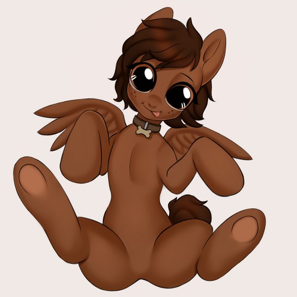 Size: 600x600 | Tagged: safe, artist:yasuokakitsune, derpibooru import, oc, oc:mocha, pegasus, pony, bone, collar, looking at you, on back, solo, tongue out, ych result