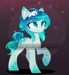 Size: 1634x1786 | Tagged: dead source, safe, artist:magnaluna, derpibooru import, oc, oc:azurita edelstein, unofficial characters only, earth pony, pony, adoptable, advertisement, auction, digital art, ear fluff, eye clipping through hair, female, flower, flower in hair, gradient hooves, image, jpeg, mare, obtrusive watermark, one hoof raised, smiling, solo, watermark