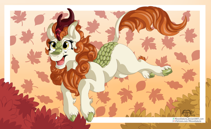 Size: 3284x2008 | Tagged: artist:missydakota, autumn blaze, derpibooru import, female, high res, kirin, leaf, open mouth, safe, solo, sounds of silence