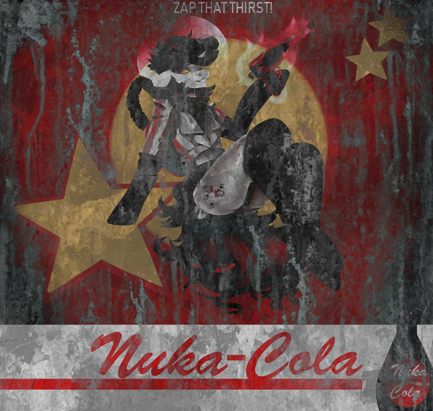 Size: 1600x1519 | Tagged: safe, artist:brainiac, derpibooru import, oc, oc:blackjack, pony, unicorn, fallout equestria, fallout equestria: project horizons, clothes, fallout, fanfic art, female, mare, nuka cola, nuka girl, solo, text, updated