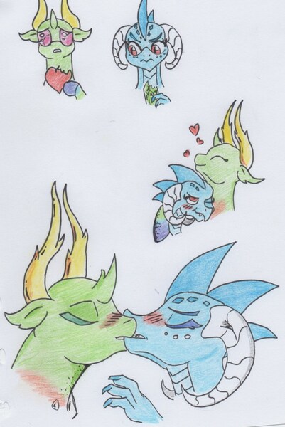 Size: 1055x1579 | Tagged: safe, artist:kuroneko, derpibooru import, princess ember, thorax, changedling, changeling, dragon, blushing, changeling x dragon, colored pencil drawing, dragoness, embrax, eyes closed, female, heart, hug, interspecies, king thorax, kissing, male, shipping, simple background, straight, traditional art, white background
