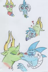 Size: 1055x1579 | Tagged: safe, artist:kuroneko, derpibooru import, princess ember, thorax, changedling, changeling, dragon, blushing, changeling x dragon, colored pencil drawing, dragoness, embrax, eyes closed, female, heart, hug, interspecies, king thorax, kissing, male, shipping, simple background, straight, traditional art, white background