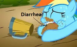 Size: 258x160 | Tagged: suggestive, derpibooru import, edit, edited screencap, screencap, rainbow dash, pegasus, pony, the super speedy cider squeezy 6000, 1000 hours in ms paint, arrow, background pony strikes again, cup, diarrhea, eww, female, fetish, gross, implied scat, literal shitpost, low effort, mare, poop, poop eating, scat, sweat, sweatdrop, text edit