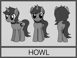 Size: 1129x850 | Tagged: safe, artist:linedraweer, derpibooru import, oc, oc:howl, unofficial characters only, pony, unicorn, collar, commission, fangs, featureless crotch, female, mare, reference, reference sheet, solo, spikes