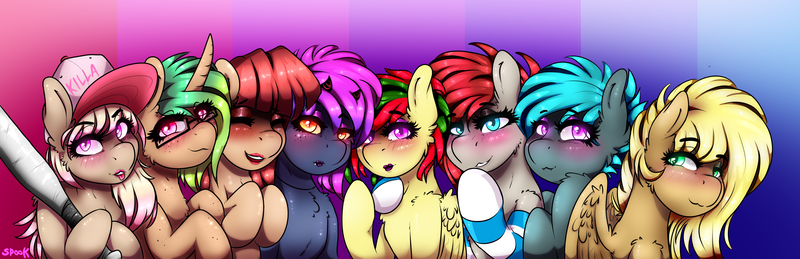 Size: 4693x1519 | Tagged: safe, artist:aaa-its-spook, derpibooru import, oc, oc:attraction, oc:cam, oc:dicey, oc:dust bunny, oc:hooters, oc:ponepony, oc:scarlet topaz, oc:spook, bat pony, demon pony, earth pony, pegasus, pony, unicorn, pony town, accessories, baseball bat, bat pony oc, blushing, clothes, eyes closed, eyeshadow, fangs, female, freckles, gift art, glasses, glowing eyes, group photo, hat, horn, horns, lipstick, looking at you, makeup, male, simple background, socks, striped socks, trap, wings