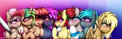 Size: 4693x1519 | Tagged: safe, artist:aaa-its-spook, derpibooru import, oc, oc:attraction, oc:cam, oc:dicey, oc:dust bunny, oc:hooters, oc:ponepony, oc:scarlet topaz, oc:spook, bat pony, demon pony, earth pony, pegasus, pony, unicorn, pony town, accessories, baseball bat, bat pony oc, blushing, clothes, eyes closed, eyeshadow, fangs, female, freckles, gift art, glasses, glowing eyes, group photo, hat, horn, horns, lipstick, looking at you, makeup, male, simple background, socks, striped socks, trap, wings