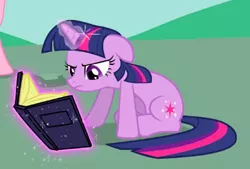 Size: 436x294 | Tagged: safe, derpibooru import, screencap, twilight sparkle, pony, unicorn, season 1, the best night ever, book, cropped, female, frown, glowing horn, magic, magic aura, mare, reading, sitting, solo focus, telekinesis, unicorn twilight