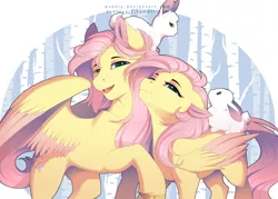 Size: 2300x1645 | Tagged: safe, artist:evehly, derpibooru import, angel bunny, fluttershy, pegasus, pony, rabbit, angela bunny, butterscotch, colored wings, colored wingtips, female, male, mare, open mouth, rule 63, self ponidox, stallion