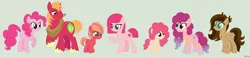 Size: 2326x536 | Tagged: safe, artist:igzzy, derpibooru import, big macintosh, pinkie pie, oc, oc:apple cake, oc:cherry gum, oc:cookie crumble, oc:cotton candy, oc:shiny apple, earth pony, pegasus, pony, adopted offspring, base used, blank flank, colored pupils, colt, family, female, freckles, green background, heterochromia, jewelry, male, mare, necklace, offspring, parent:big macintosh, parent:pinkie pie, parents:pinkiemac, pinkiemac, shipping, simple background, straight