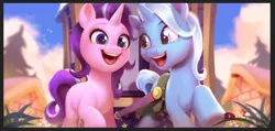 Size: 2219x1053 | Tagged: safe, artist:imalou, derpibooru import, starlight glimmer, trixie, insect, ladybug, pony, unicorn, road to friendship, cheek fluff, cute, diatrixes, duo, female, glimmerbetes, mare, missing cutie mark, singing, trixie's wagon, we're friendship bound, weapons-grade cute