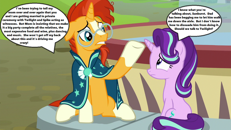 Size: 1280x720 | Tagged: safe, derpibooru import, edit, edited screencap, screencap, starlight glimmer, sunburst, season 8, the parent map, female, floppy ears, fountain, glasses, implied wedding, male, shipping, sire's hollow, speech bubble, starburst, straight, text, worried