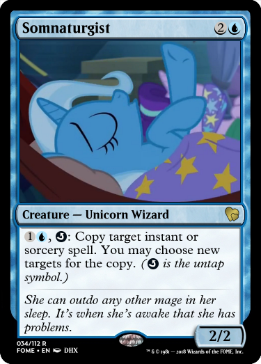 Size: 375x523 | Tagged: safe, derpibooru import, edit, starlight glimmer, trixie, pony, unicorn, road to friendship, blanket, ccg, duo, female, hammock, magic the gathering, mare, on back, sleeping, trading card, trading card edit