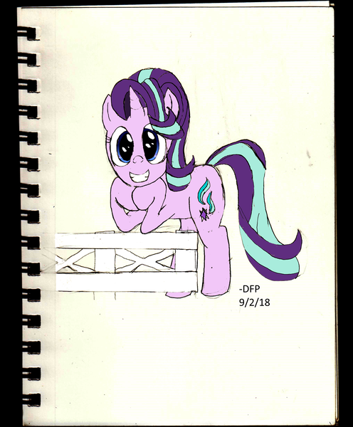 Size: 2032x2460 | Tagged: artist:deluxeflame, derpibooru import, digitally colored, fence, grin, reference, safe, simple background, smiling, solo, starlight glimmer, traditional art