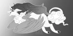 Size: 2000x1000 | Tagged: artist:curiouskeys, commission, derpibooru import, draconequus, draconequus oc, ethereal mane, grayscale, hybrid, interspecies offspring, monochrome, next generation, oc, oc:bedlam, offspring, parent:discord, parent:princess luna, parents:lunacord, safe, solo, starry mane, unofficial characters only, watermark