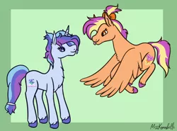 Size: 1702x1260 | Tagged: safe, artist:misskanabelle, derpibooru import, oc, oc:clementine skies, oc:mirage, unofficial characters only, pegasus, pony, unicorn, :p, abstract background, chest fluff, duo, female, flying, horn, image, magical lesbian spawn, mare, next generation, offspring, parent:amethyst star, parent:spitfire, parent:starlight glimmer, parent:trixie, parents:spitstar, parents:startrix, pegasus oc, png, signature, simple background, smiling, tongue out, unicorn oc, unshorn fetlocks, wings
