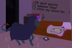 Size: 2420x1620 | Tagged: artist:stoopedhooy, bedroom, book, candle, cloak, clothes, derpibooru import, dialogue, horse, magic, magic circle, night, oc, oc:dwarf truffle, oc:shakes heartwood, safe, scroll, skull, solo focus, when you see it