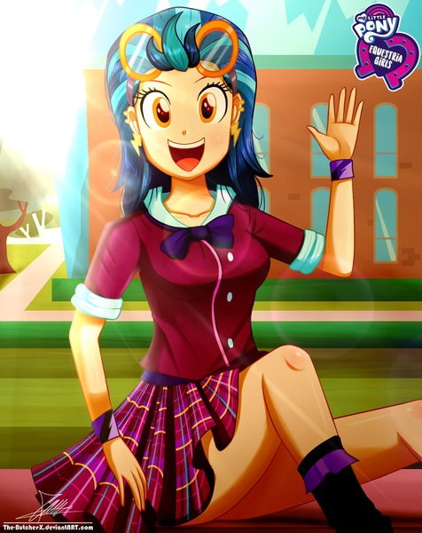 Size: 920x1160 | Tagged: safe, artist:the-butch-x, derpibooru import, part of a set, indigo zap, equestria girls, friendship games, butch's hello, clothes, crystal prep academy uniform, cute, ear piercing, equestria girls logo, female, goggles, hello x, legs, looking at you, open mouth, piercing, plaid skirt, pleated skirt, school uniform, schrödinger's pantsu, sitting, skirt, skirt lift, smiling, socks, solo, thighs, upskirt denied, waving, wristband, zapabetes