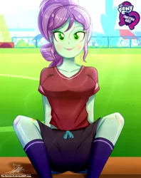 Size: 920x1160 | Tagged: safe, artist:the-butch-x, derpibooru import, part of a set, crystal lullaby, equestria girls, background human, breasts, busty crystal lullaby, butch's hello, clothes, cute, equestria girls logo, female, hello x, looking at you, school uniform, sitting, smiling, socks, solo, sports, sweat, thigh highs, uniform