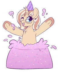 Size: 700x840 | Tagged: safe, artist:lulubell, derpibooru import, oc, oc:lulubell, unofficial characters only, armpits, birthday, cake, food, frosting, jumping out of cake, simple background, solo, transparent background