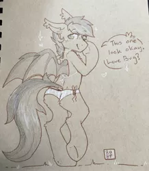 Size: 1654x1900 | Tagged: safe, artist:ruef, derpibooru import, oc, oc:melting, unofficial characters only, bat pony, bikini, clothes, crossdressing, looking back, sketch, solo, sparkle, swimsuit, traditional art